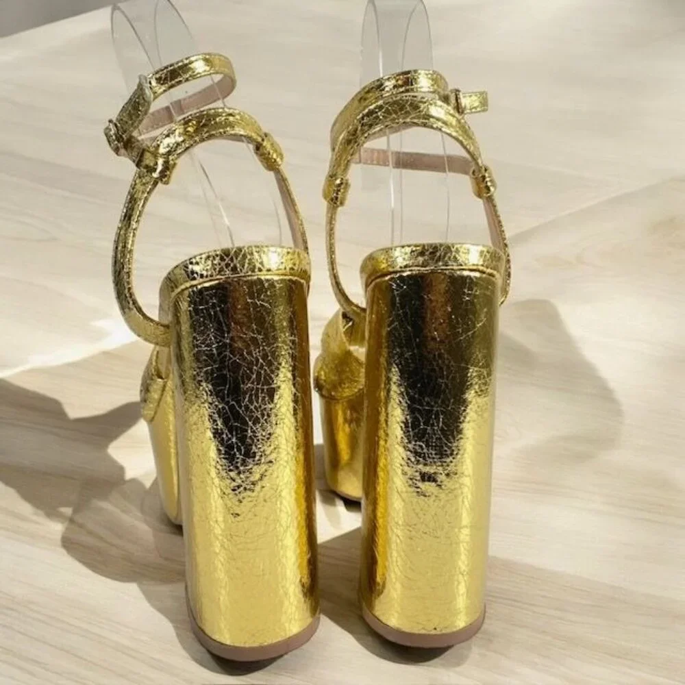 Lulus Bow Platform Ankle Strap Heels Gold Metallic Size 7M - Picture 9 of 13